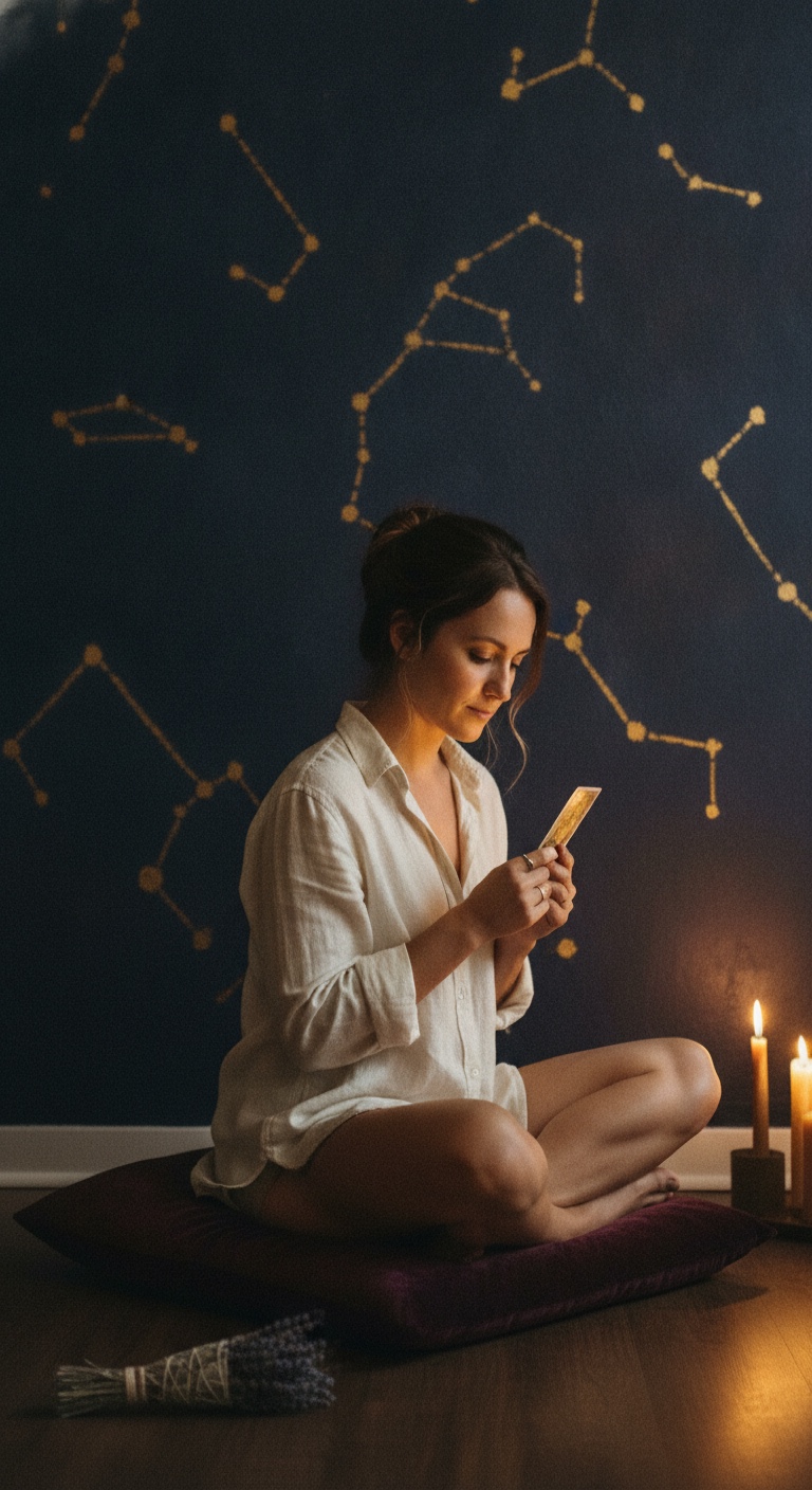 A figure standing beneath a celestial zodiac wheel