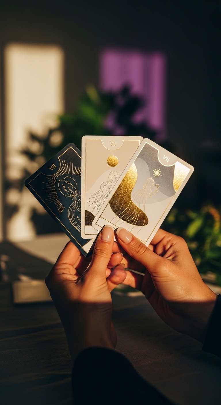 Hands holding three illuminated tarot cards